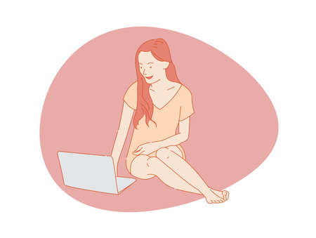 beautiful woman or cute girl  sitting in front  computer laptop , colorful vectorのイラスト素材
