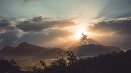 Morning view of mountain landscape with fog on sky and clouds background in Phatthalung province,...