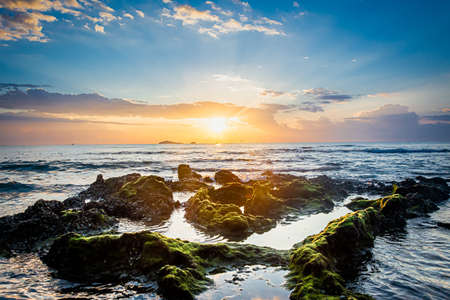 sunset landscape on the beach rocks in foreground