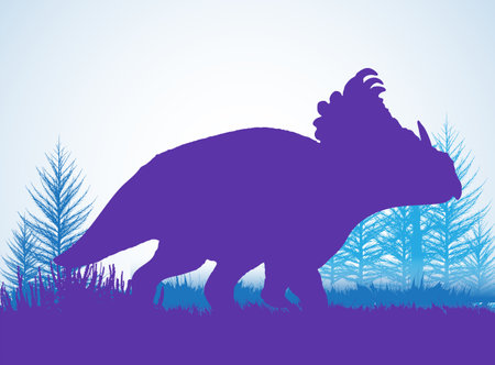 SINOCERATOPS Dinosaurs silhouettes in prehistoric environment overlapping layers; decorative background banner abstract vector illustrationのイラスト素材