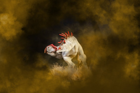 Protoceratops  , dinosaur on smoke backgroundの写真素材