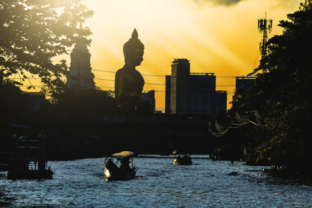 landscape of big buddha in the city large Buddha statue  in Bangkok (Wat Pak Nam Phasi Charoen) Thailandの写真素材