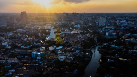 High angle view Aerial photograph of big buddha in the city large Buddha statue  in Bangkok (Wat Pak Nam Phasi Charoen) Thailandの写真素材