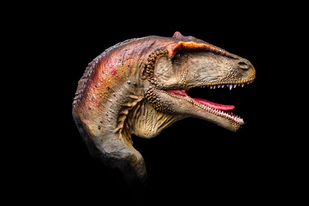 The head of Carcharodontosaurus in the dark , dinosaur on black backgroundの写真素材