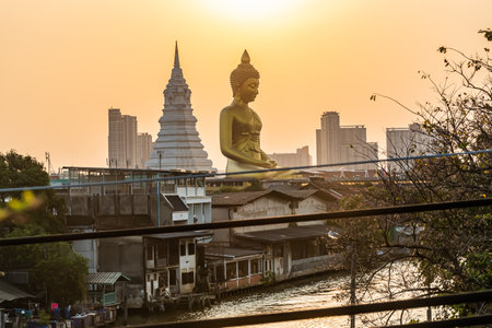 landscape of big buddha in the city large Buddha statue  in Bangkok Wat Pak Nam Phasi Charoe Thailand .の写真素材