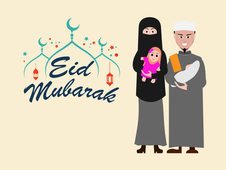 Eid mubarak greeting card  Happy eid and muslim Family Vector illustrationのイラスト素材