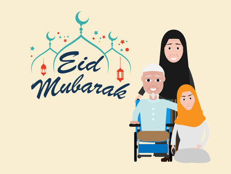 Eid mubarak greeting card  Happy eid and muslim Family Vector illustrationのイラスト素材