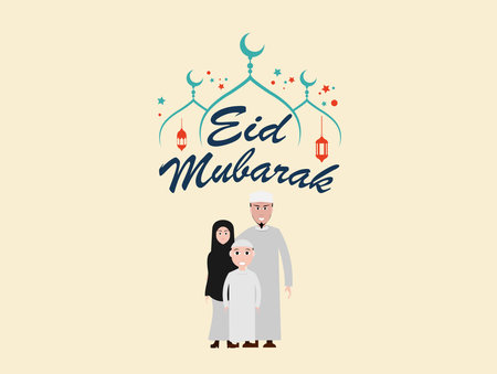 Eid mubarak greeting card  Happy eid and muslim Family Vector illustrationのイラスト素材