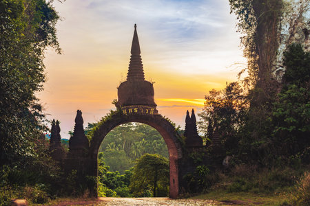 Landscape of beautiful sunrise at Khao Na Nai Luang Dharma Park in Surat Thani, Thailandの写真素材