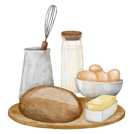 Watercolor desserts and bakery products  and cooking set kitchen utensils drawn watercolor illustration isolated elementの写真素材