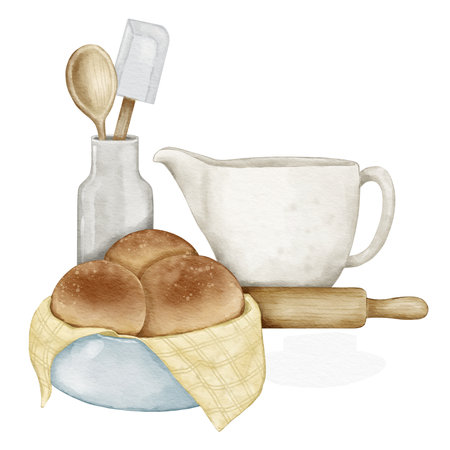 Watercolor desserts and bakery products  and cooking set kitchen utensils drawn watercolor illustration isolated elementの写真素材