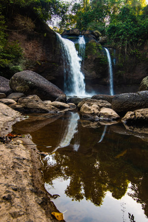 Beautiful Haew Suwat Waterfall at Khao Yai National Park Thailandの写真素材