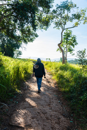 Tourists are walking on the nature trail.の写真素材