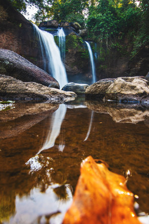 Beautiful Haew Suwat Waterfall at Khao Yai National Park Thailandの写真素材