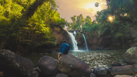 Beautiful Haew Suwat Waterfall at Khao Yai National Park Thailandの写真素材