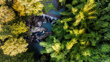 High angle view Aerial photograph of waterfallの写真素材