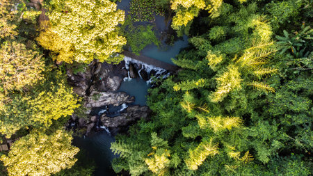 High angle view Aerial photograph of waterfallの写真素材