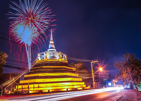 pagoda with fireworks in the temple Thailandの写真素材