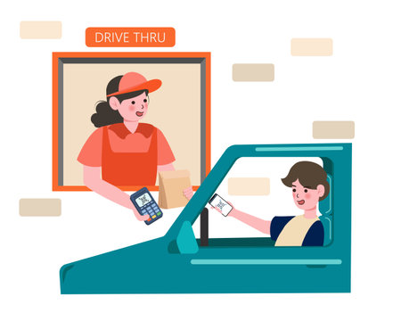 Payment from Car, Drive Thru System. Characters Pay for Takeaway Food Service with payment system or scan qr code. Customer Purchase Goods without Leaving Auto. Vector Illustration.のイラスト素材