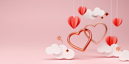 Happy Valentines day poster with copy space. Beautiful paper cut white clouds with luxury couple...