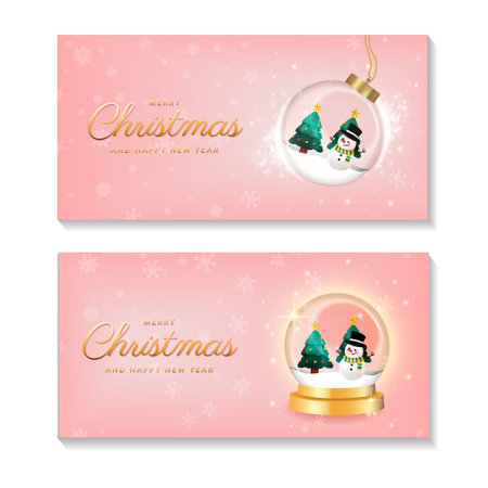 Merry Christmas and Happy New Year set. Christmas winter snow glass ball, transparent dome. design Xmas green tree in snow, gift box, snowman. Vector illustrationのイラスト素材