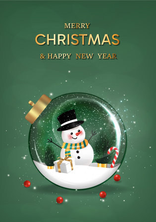 Happy New Year background. transparent christmas balls with star and box of gifts strewn with snow on green background, realistic 3d decorative garland glow. Xmas Decorations. Vector illustrationのイラスト素材