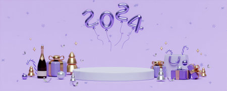 3D Rendering Christmas and New Year purple golden 2024 balloon and podium for social media banner,...