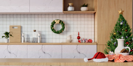 Christmas kitchen room with a christmas tree and Christmas decorations - modern classic style, 3D renderの写真素材