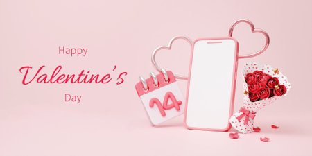 3D rendering mobile phone mockup with hearts for Valentines day background design. Empty generic smartphone blank screen template. 3D render illustrationの写真素材