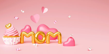 3d minimal pink banner background, suitable for Mothers Day. Mom balloon words with cup cake and heart balloon shape. 3D rendering illustrationの写真素材