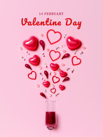 Happy Valentines Day. Romantic composition design, Realistic glasses of champagne wine with hearts in them, pink background. Holiday gift card, festive banner, poster. 3D render illustrationの写真素材