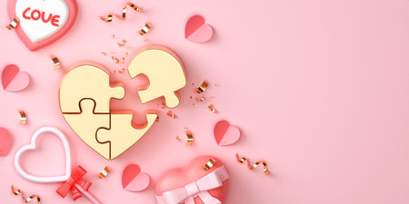 Valentines Day with heart jigsaw candy, gift box and ball light decor. Holiday illustration banner...