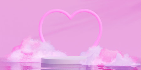 Happy valentines day podium decoration with heart shape pink neon light. 3D rendering illustrationの写真素材