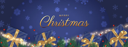 Merry Christmas and Happy New Year. Background Xmas design realistic gifts box, festive decorative objects. top view. Christmas poster, holiday banner, flyer, stylish brochure, greeting cardのイラスト素材