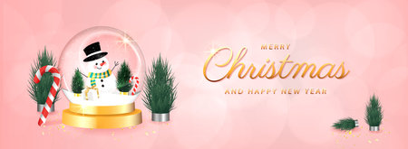 Merry Christmas and Happy New Year. Christmas winter snow glass ball, transparent dome. design Xmas green tree in snow, gift box, snowman. Vector illustrationのイラスト素材