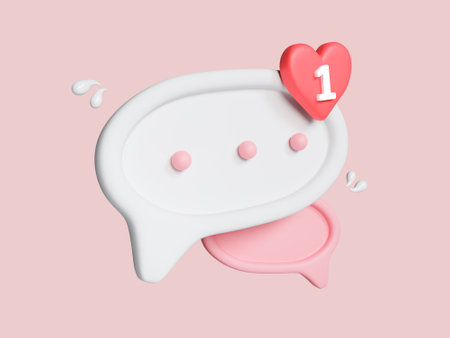 Sweet pink 3d love like heart social media notification speech bubble icon pin isolated on pink...