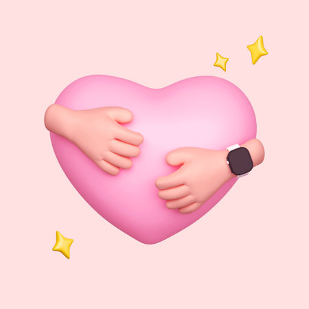 3D cartoon human hands hugging pink heart on pink background. Abstract concept of wedding, friendship and family. Two cartoon style funny open woman palms hugging heart. isolated on pink background. clipping path. 3D render illustrationの写真素材