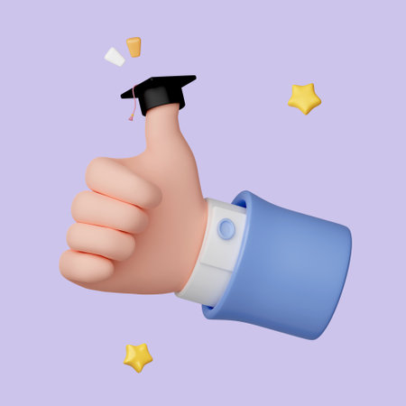 3D cartoon thumb up hand gesture with graduation cap isolated on pastel background. icon symbol clipping path. education. 3d render illustrationの写真素材