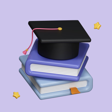 Graduation cap on books stack. Education concept. Back to school. University knowledge. Degree ceremony. Online class. E-learning. Cartoon creative design icon isolated on pastel background. 3d render illustrationの写真素材