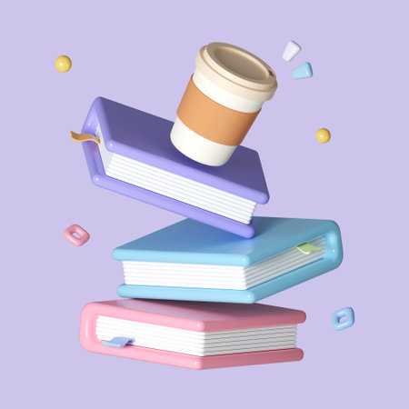 Cup of coffee on books stack isolated on pastel background. icon symbol clipping path. education. 3d render illustrationの写真素材