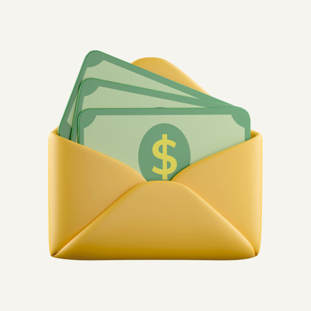 3D Open Envelope with Money inside. Letter with green paper dollar. Cash savings concept. Sending...