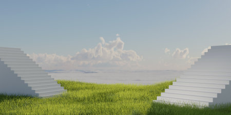 Platform and Natural podium stair backdrop with grass field and sky cloud background for product display. landscape scene background. 3d rendering illustrationの写真素材