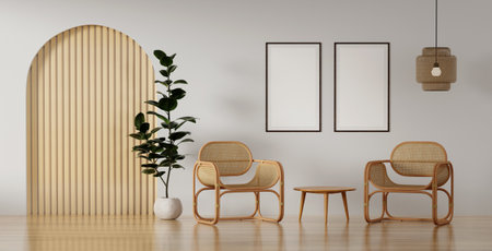 Living room with blank picture frame mockup on white wall, minimalist armchair and plant, realistic lighting. Decorated home mockup with free space, 3d rendering illustrationの写真素材