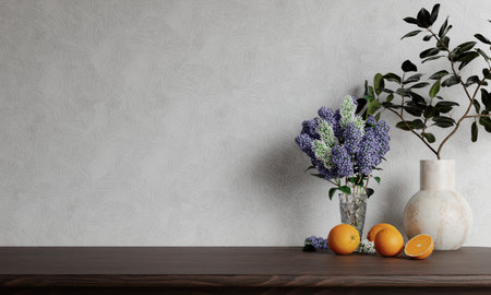 Blank empty space on beautiful oak wood wooden counter top with morning sunlight orange and flower, Backdrop. 3d render illustrationの写真素材