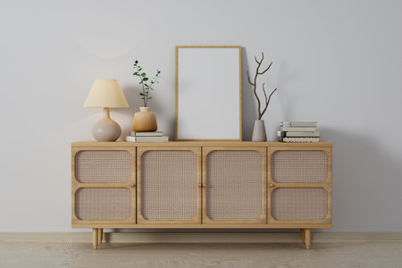 Wooden cabinet near wall with blank poster frame with copy space. Interior design of modern living room. 3d rendering illustrationの写真素材
