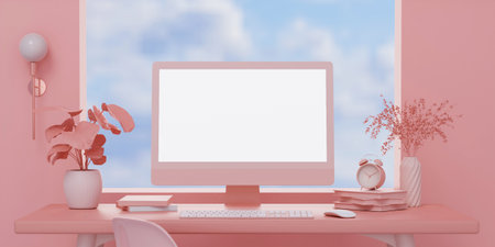 Pink room interior with mock up computer PC with blank white screen. 3d rendering illustrationの写真素材
