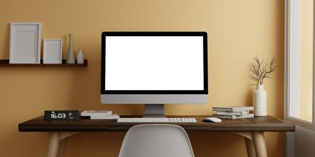 A modern PC computer blank screen mockup is on a table in a modern minimal home office. 3d render...
