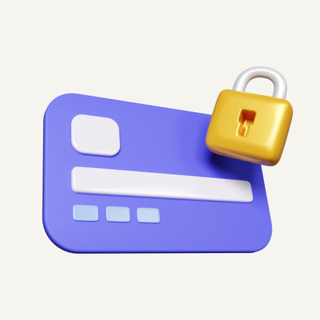 3d Credit bank card security protection. credit card with lock sign at top right. icon isolated on white background. 3d rendering illustration. Clipping path.の写真素材