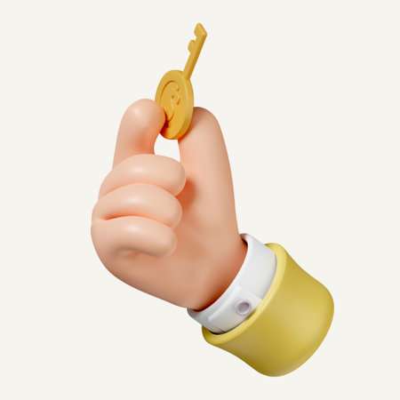 3d hand hold gold dollar key. Strategic concepts in investment economy and financial business. icon isolated on white background. 3d rendering illustration. Clipping path.の写真素材