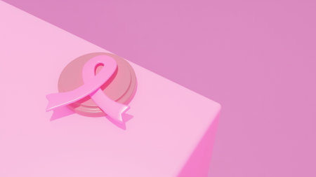 Pink ribbon symbol on podium on pink background, breast cancer awareness, 3d render illustration.の写真素材